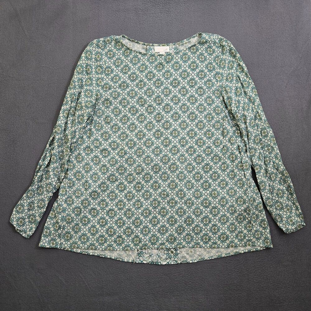 J. Jill Women XS Green Geometric Long Sleeve Round Neck Pull Over Blouse
